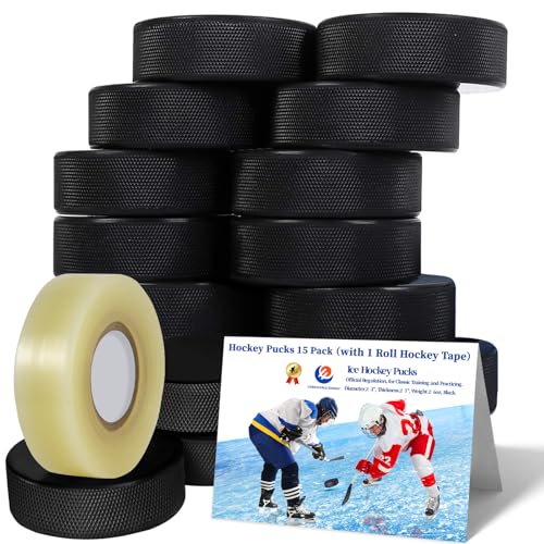 UNBEATABLE ENERGY Hockey Pucks 15 Pack （with 1 Roll Hockey Tape） Official Hockey Pucks for Practicing and Classic Training, Ice Hockey Pucks Diameter 3